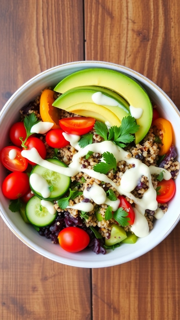 A healthy quinoa bowl with colorful vegetables and avocado, garnished with herbs.